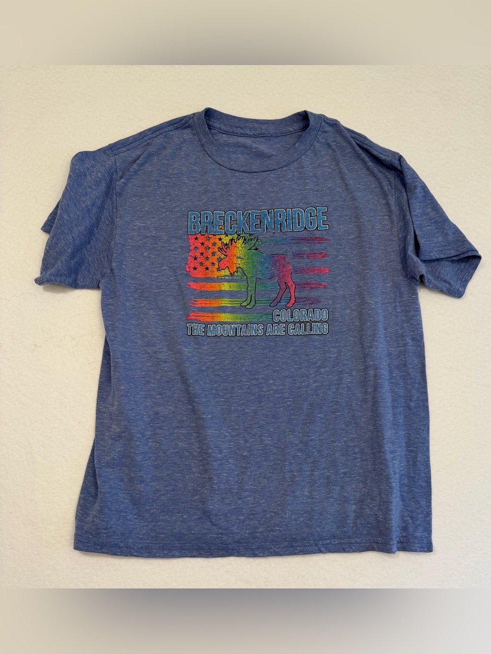 breckenridge Blue Tee with Rainbow Moose Graphic
